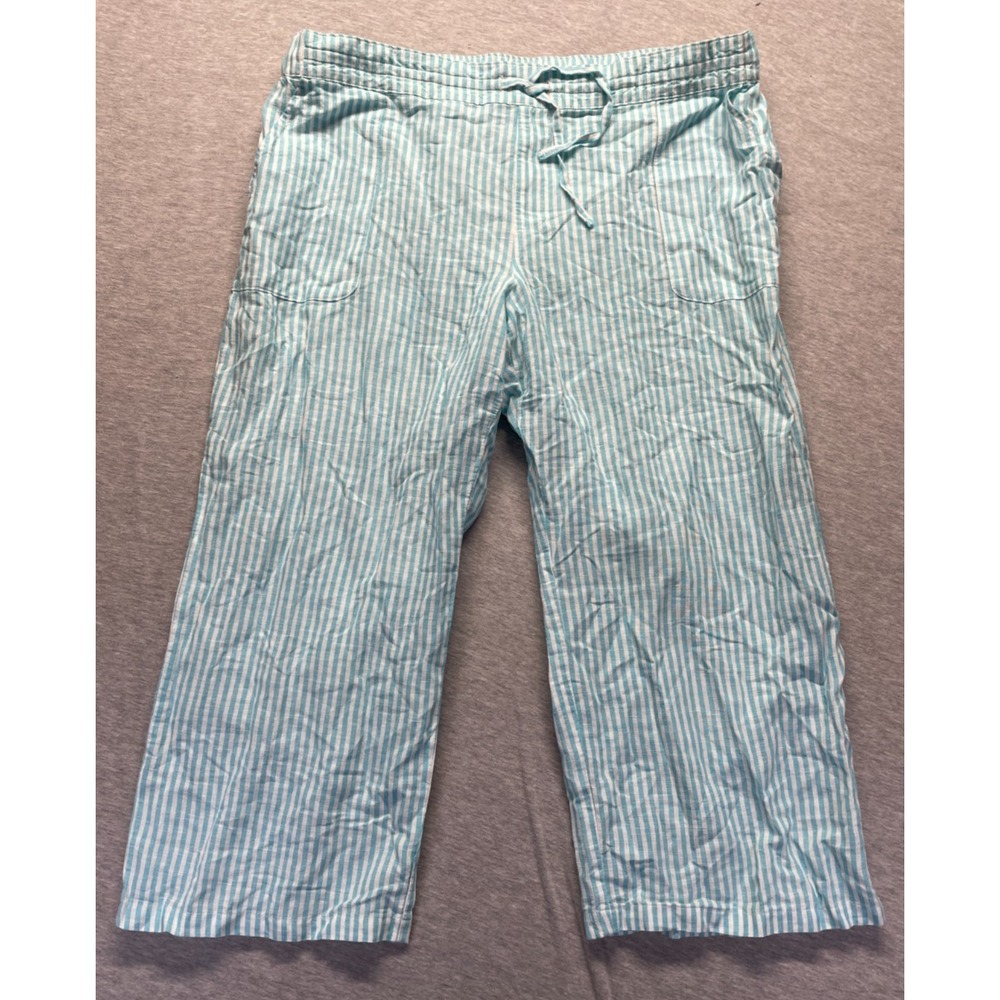 Liz Claiborne Cropped Pants Womens XL Blue White Striped Linen Drawstring Waist